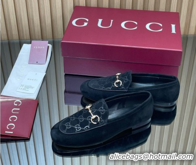 Leisure Gucci Jordaan GG Upper Suede Flat Loafers with Horsebit Black 2025 840725