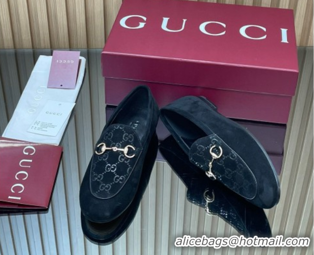 Leisure Gucci Jordaan GG Upper Suede Flat Loafers with Horsebit Black 2025 840725