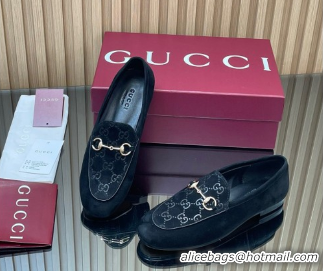Leisure Gucci Jordaan GG Upper Suede Flat Loafers with Horsebit Black 2025 840725