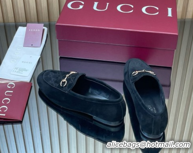 Leisure Gucci Jordaan GG Upper Suede Flat Loafers with Horsebit Black 2025 840725