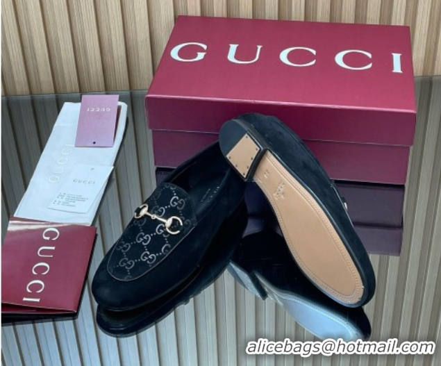 Leisure Gucci Jordaan GG Upper Suede Flat Loafers with Horsebit Black 2025 840725