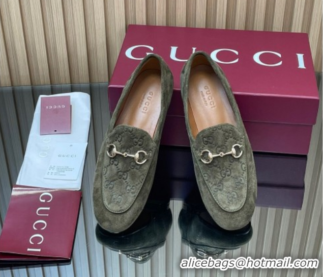 Buy Luxury Gucci Jordaan GG Upper Suede Flat Loafers with Horsebit Green 2025 840725
