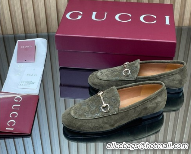 Buy Luxury Gucci Jordaan GG Upper Suede Flat Loafers with Horsebit Green 2025 840725
