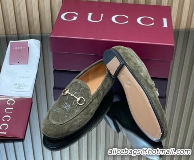 Buy Luxury Gucci Jordaan GG Upper Suede Flat Loafers with Horsebit Green 2025 840725