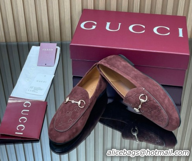 Shop Cheap Gucci Jordaan GG Upper Suede Flat Loafers with Horsebit Dark Brown 2025 840725