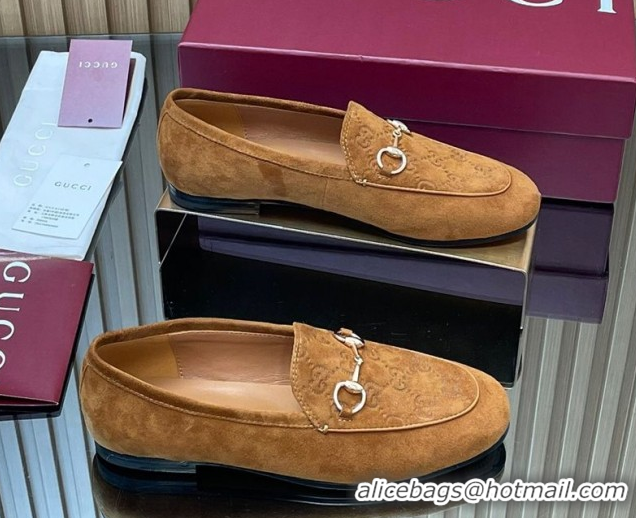 Low Price Gucci Jordaan GG Upper Suede Flat Loafers with Horsebit Light Brown 2025 840725
