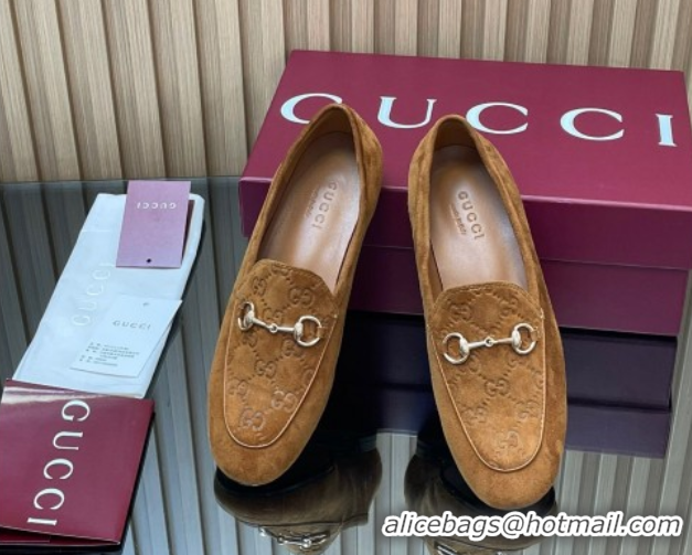 Low Price Gucci Jordaan GG Upper Suede Flat Loafers with Horsebit Light Brown 2025 840725