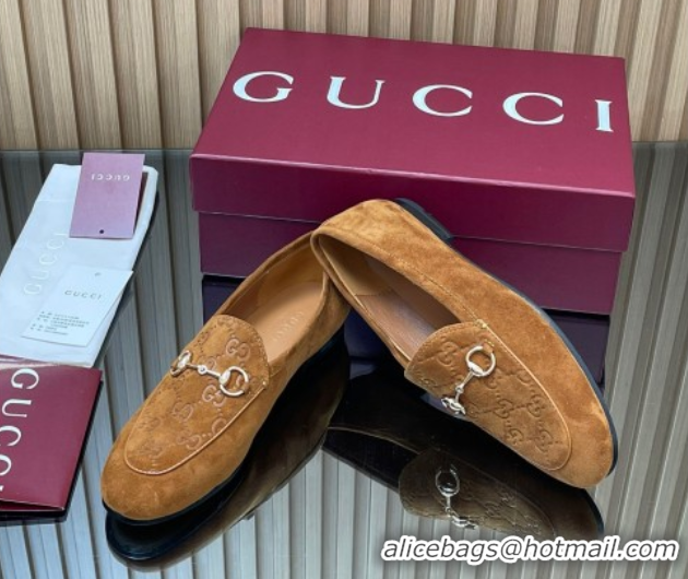 Low Price Gucci Jordaan GG Upper Suede Flat Loafers with Horsebit Light Brown 2025 840725