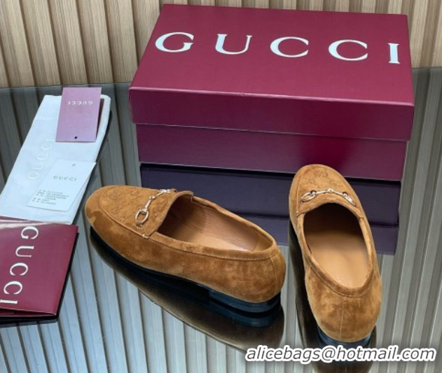 Low Price Gucci Jordaan GG Upper Suede Flat Loafers with Horsebit Light Brown 2025 840725