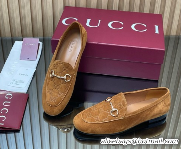 Low Price Gucci Jordaan GG Upper Suede Flat Loafers with Horsebit Light Brown 2025 840725