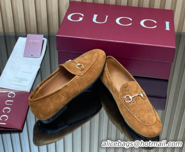 Low Price Gucci Jordaan GG Upper Suede Flat Loafers with Horsebit Light Brown 2025 840725