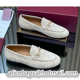 Top Grade Gucci Jordaan GG Upper Suede Flat Loafers with Horsebit Light Grey 2025 840725