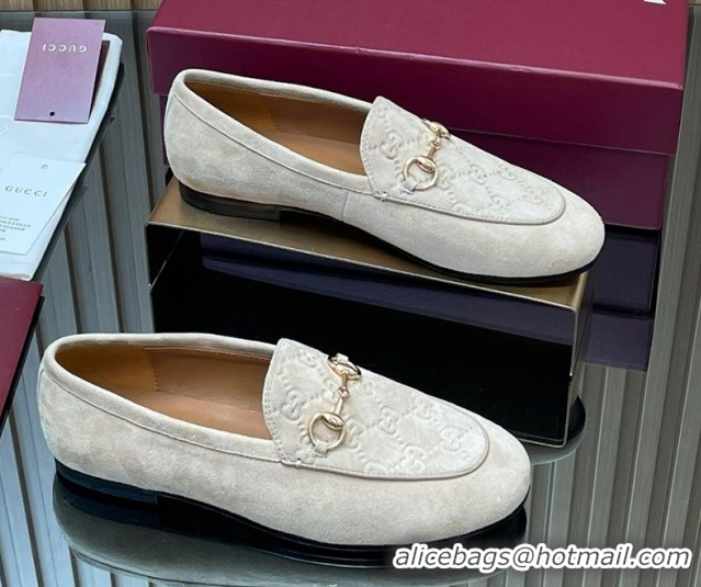 Top Grade Gucci Jordaan GG Upper Suede Flat Loafers with Horsebit Light Grey 2025 840725