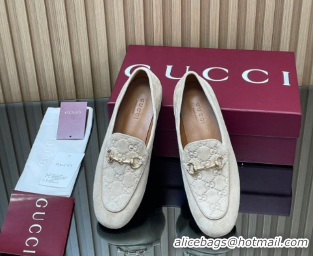 Top Grade Gucci Jordaan GG Upper Suede Flat Loafers with Horsebit Light Grey 2025 840725