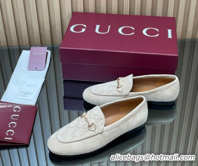 Top Grade Gucci Jordaan GG Upper Suede Flat Loafers with Horsebit Light Grey 2025 840725