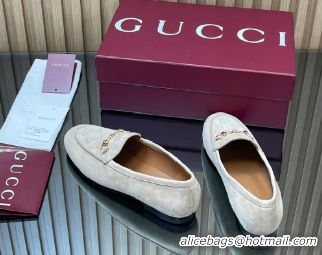Top Grade Gucci Jordaan GG Upper Suede Flat Loafers with Horsebit Light Grey 2025 840725