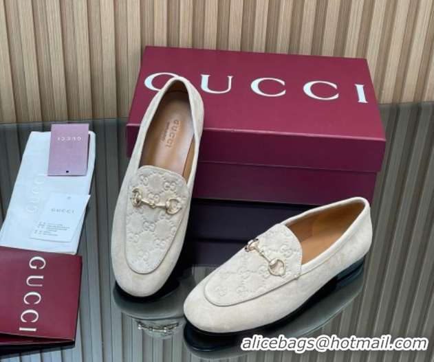 Top Grade Gucci Jordaan GG Upper Suede Flat Loafers with Horsebit Light Grey 2025 840725