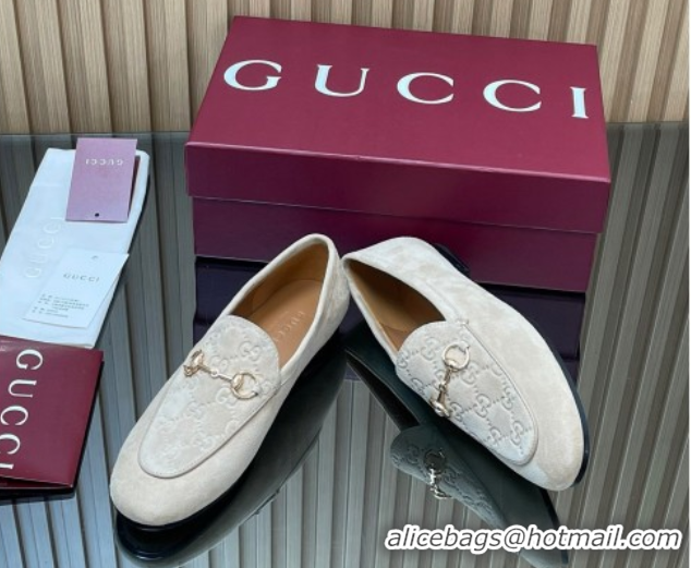 Top Grade Gucci Jordaan GG Upper Suede Flat Loafers with Horsebit Light Grey 2025 840725