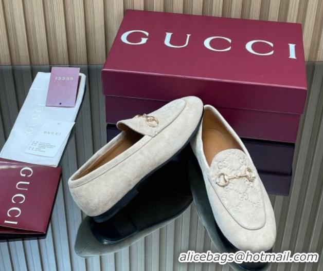 Top Grade Gucci Jordaan GG Upper Suede Flat Loafers with Horsebit Light Grey 2025 840725