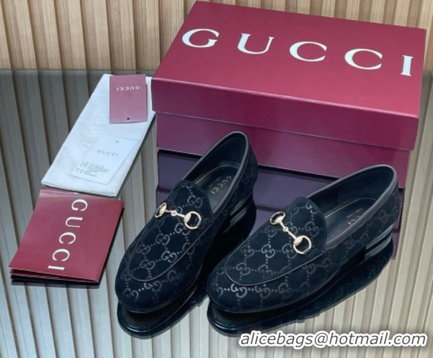 Shop Cheap Gucci Jordaan GG Allover Suede Flat Loafers with Horsebit Black 2025 840725