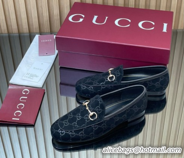 Shop Cheap Gucci Jordaan GG Allover Suede Flat Loafers with Horsebit Black 2025 840725