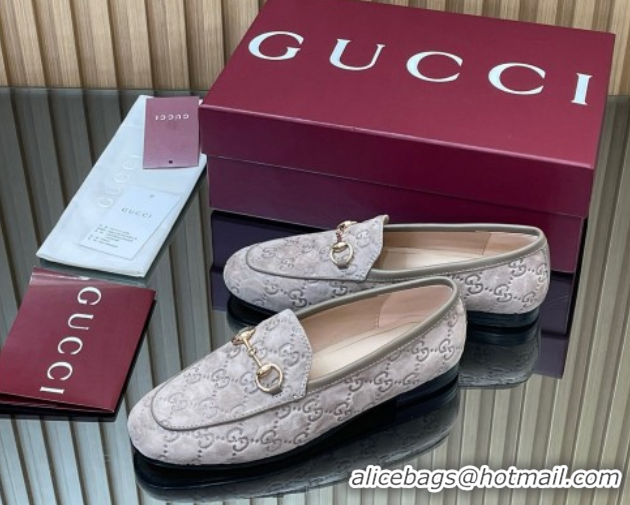 Buy New Cheap Gucci Jordaan GG Allover Suede Flat Loafers with Horsebit Grey2 2025 840725