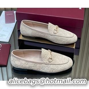 Buy Luxury Gucci Jordaan GG Allover Suede Flat Loafers with Horsebit Beige Grey 2025 840725