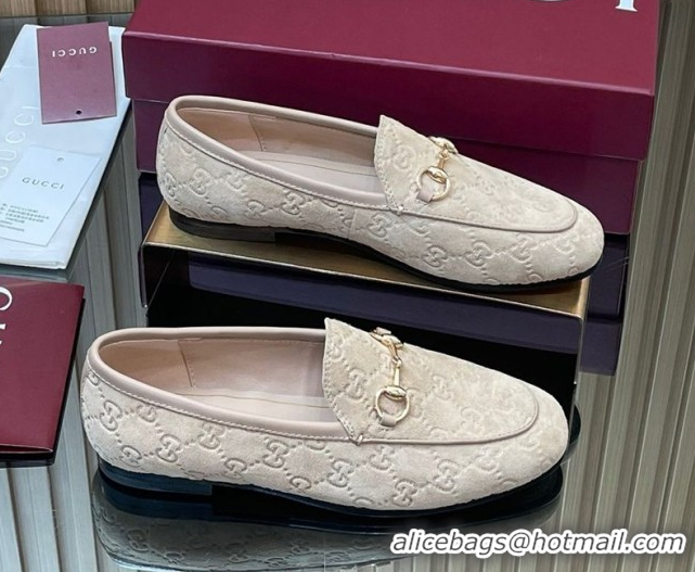 Buy Luxury Gucci Jordaan GG Allover Suede Flat Loafers with Horsebit Beige Grey 2025 840725
