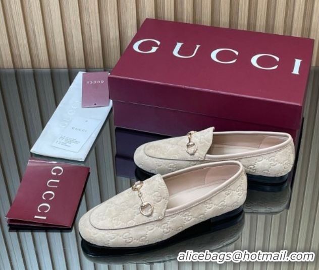 Buy Luxury Gucci Jordaan GG Allover Suede Flat Loafers with Horsebit Beige Grey 2025 840725