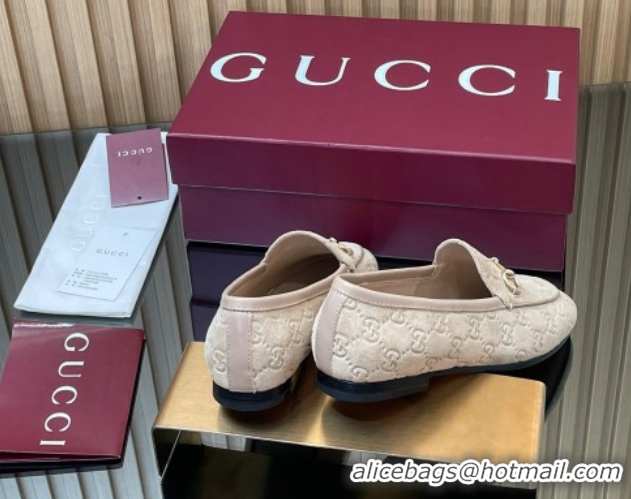 Buy Luxury Gucci Jordaan GG Allover Suede Flat Loafers with Horsebit Beige Grey 2025 840725