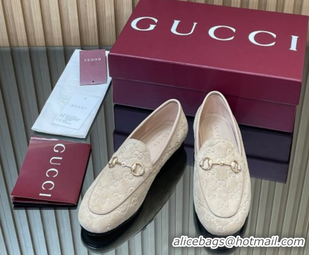 Buy Luxury Gucci Jordaan GG Allover Suede Flat Loafers with Horsebit Beige Grey 2025 840725