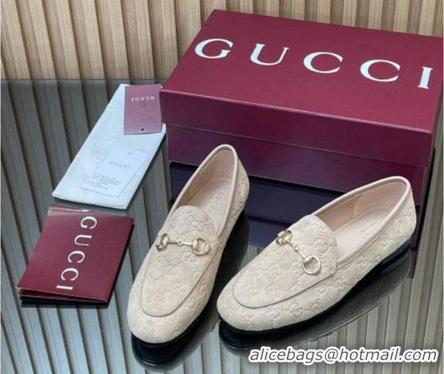 Buy Luxury Gucci Jordaan GG Allover Suede Flat Loafers with Horsebit Beige Grey 2025 840725
