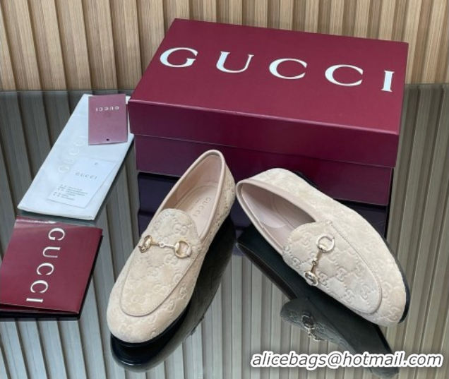 Buy Luxury Gucci Jordaan GG Allover Suede Flat Loafers with Horsebit Beige Grey 2025 840725