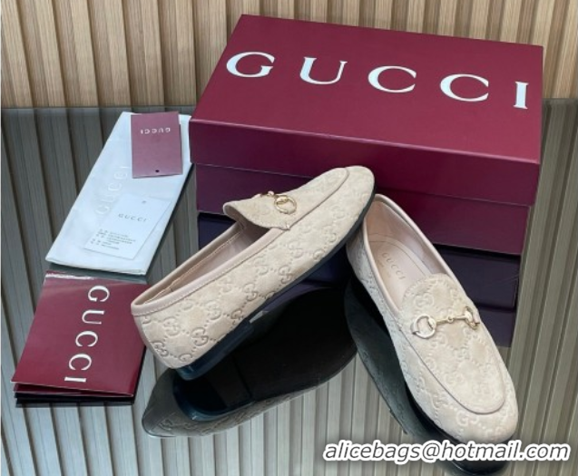 Buy Luxury Gucci Jordaan GG Allover Suede Flat Loafers with Horsebit Beige Grey 2025 840725