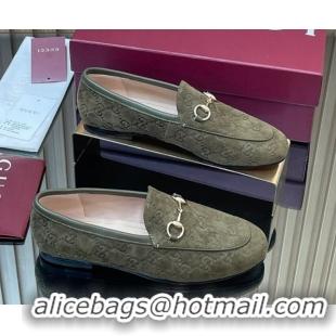 Buy Discount Gucci Jordaan GG Allover Suede Flat Loafers with Horsebit Green 2025 840725