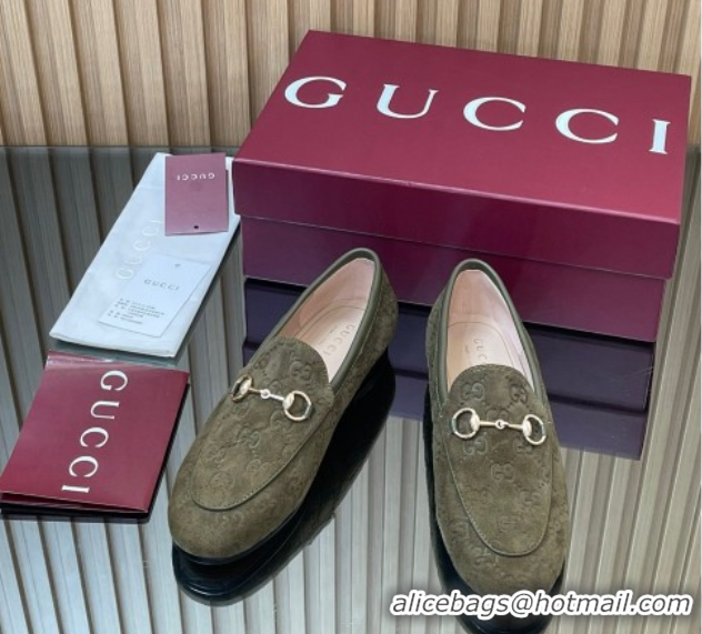 Buy Discount Gucci Jordaan GG Allover Suede Flat Loafers with Horsebit Green 2025 840725