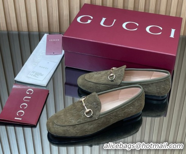 Buy Discount Gucci Jordaan GG Allover Suede Flat Loafers with Horsebit Green 2025 840725