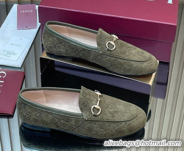 Buy Discount Gucci Jordaan GG Allover Suede Flat Loafers with Horsebit Green 2025 840725