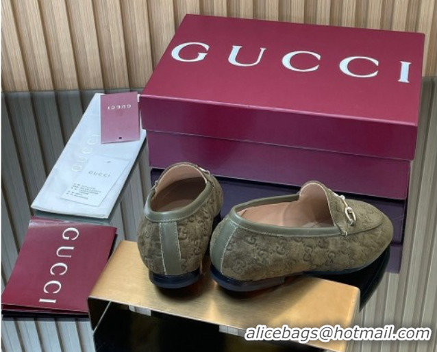Buy Discount Gucci Jordaan GG Allover Suede Flat Loafers with Horsebit Green 2025 840725