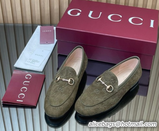 Buy Discount Gucci Jordaan GG Allover Suede Flat Loafers with Horsebit Green 2025 840725