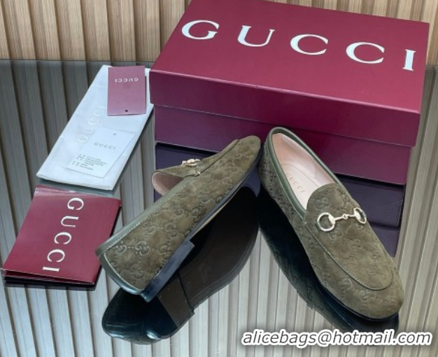 Buy Discount Gucci Jordaan GG Allover Suede Flat Loafers with Horsebit Green 2025 840725
