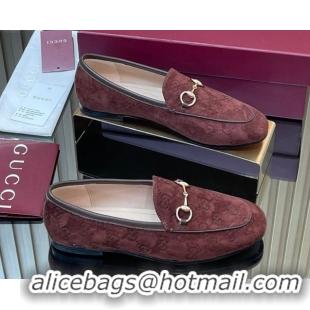 Buy Ladies Gucci Jordaan GG Allover Suede Flat Loafers with Horsebit Dark Brown 2025 840725