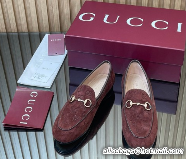 Buy Ladies Gucci Jordaan GG Allover Suede Flat Loafers with Horsebit Dark Brown 2025 840725