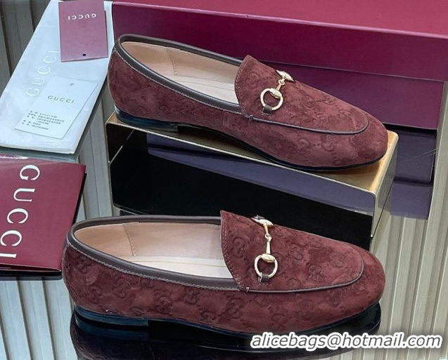 Buy Ladies Gucci Jordaan GG Allover Suede Flat Loafers with Horsebit Dark Brown 2025 840725
