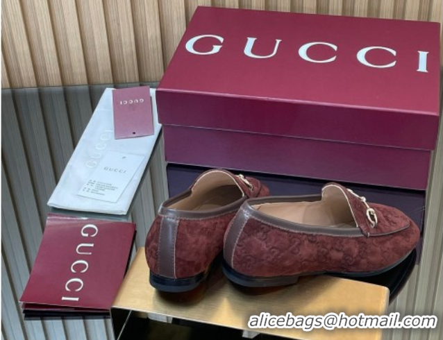 Buy Ladies Gucci Jordaan GG Allover Suede Flat Loafers with Horsebit Dark Brown 2025 840725