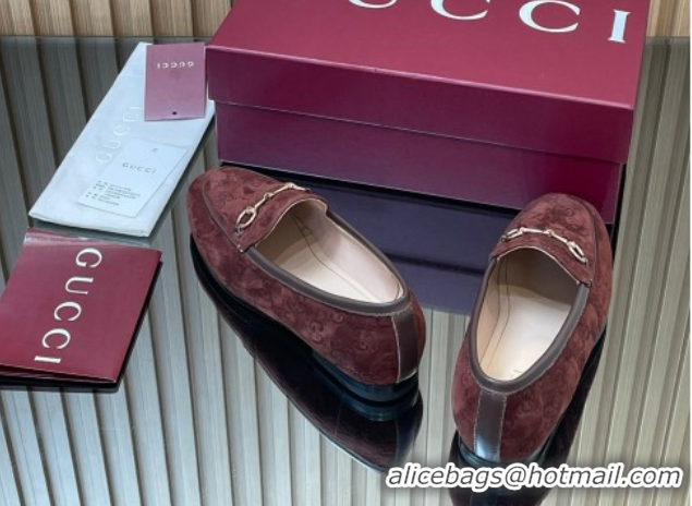 Buy Ladies Gucci Jordaan GG Allover Suede Flat Loafers with Horsebit Dark Brown 2025 840725