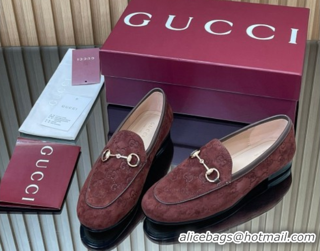 Buy Ladies Gucci Jordaan GG Allover Suede Flat Loafers with Horsebit Dark Brown 2025 840725
