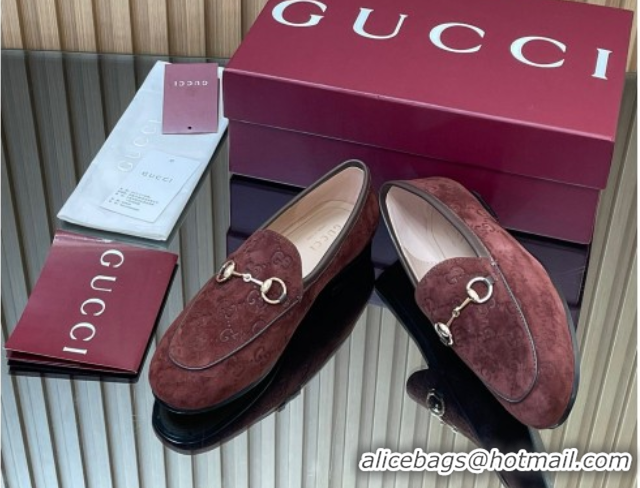 Buy Ladies Gucci Jordaan GG Allover Suede Flat Loafers with Horsebit Dark Brown 2025 840725