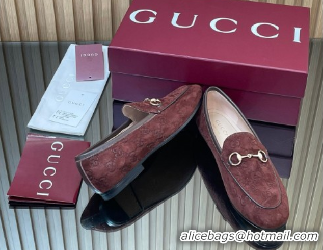 Buy Ladies Gucci Jordaan GG Allover Suede Flat Loafers with Horsebit Dark Brown 2025 840725