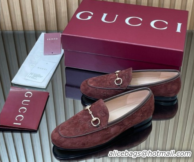 Buy Ladies Gucci Jordaan GG Allover Suede Flat Loafers with Horsebit Dark Brown 2025 840725
